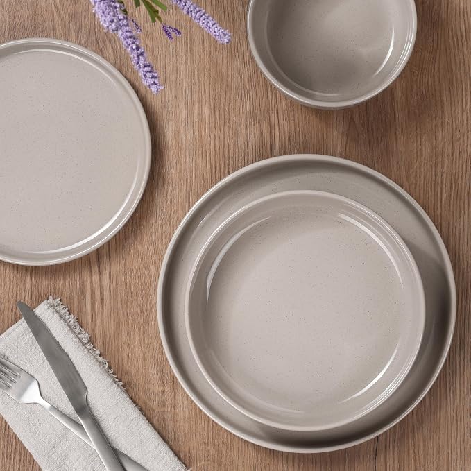 HaWare 24-Piece Plates and Bowls Set for 6, Stoneware Dinnerware Sets with Pasta Bowl, Dishes Set for Home Restaurant, Speckled Cream Coffee
