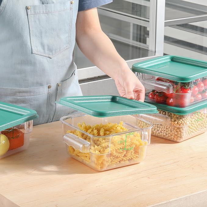 EGGKITPO 4 Pcs 2 QT Square Food Storage Containers with Green Lids Kitchen Container Set with Handle, Clear Scarle for Grain Bean Stackable Dishwasher Freezer Safe BPA-Free Polycarbonate Home Party