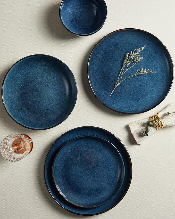 Pokini 16 Piece Double Bowl Dinnerware Sets with Pasta Bowls, Highly Chip and Crack Resistant Plates and Bowls Sets, Natural Earthyware Ceramic Dishware Sets, Service for 4 Starry Blue
