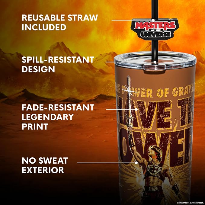 Dragon Glassware x Masters of the Universe (MOTU) Vacuum Insulated Stainless Steel Tumbler - 24 oz with Straw Charm - Official 2026 Movie Merch - I Have The Power