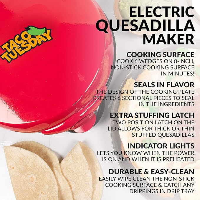 Nostalgia Taco Tuesday Deluxe 8-Inch 6-Wedge Electric Quesadilla Maker with Extra Stuffing Latch, Red