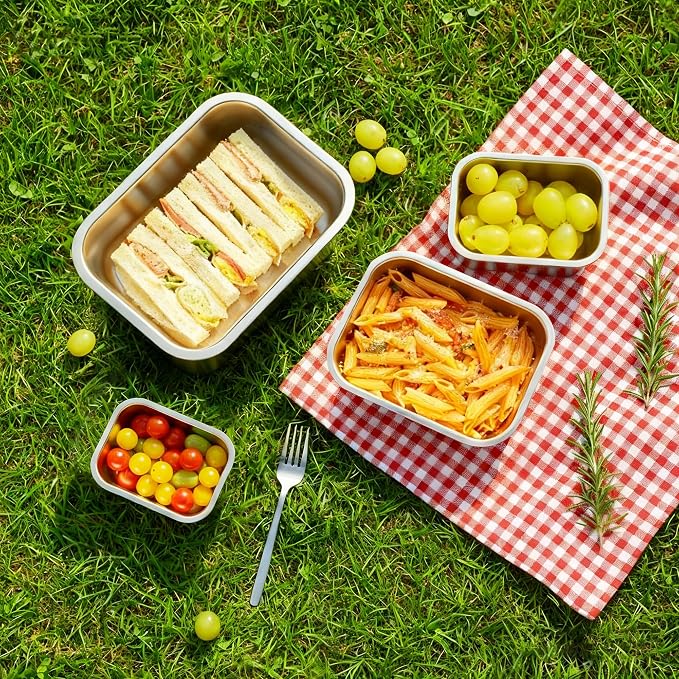 Cuiselect 8 PCS Stainless Steel Lunch Box, 4-Size (58/41/24/14Oz) Stackable Metal Bento Boxes BPA Free Dishwasher Safe, Food Storage Containers, Leakproof Reusable Meal Storage for Work,Travel (Pink)