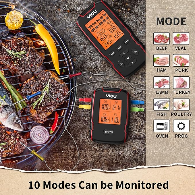 YIOU Wireless Meat Thermometer for Cooking, Digital Meat Thermometer with 4 Probes, 500FT Ultra Accurate & Fast Food Thermometer for Oven, Smoker, Red
