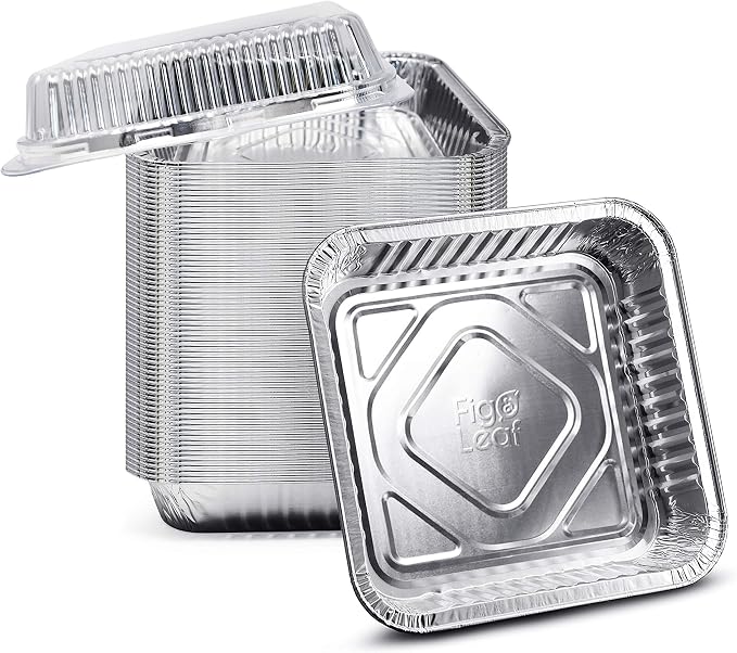 Fig & Leaf (210 Pack) 8” x 8” Square Baking Cake Pans with Plastic Dome Lids | Heavy Duty l Disposable Aluminum Foil Tins l Portable Food Containers l Perfect for Roasting Oven Toaster Cooking