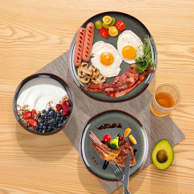 Herogo 18PCS Dinnerware Sets for 6, Stoneware Plates and Bowls Dish Set, Irregular Handmade Dinner Ware Dishware for Kitchen Dinning, Microwave & Dishwasher Safe, Lichen Green