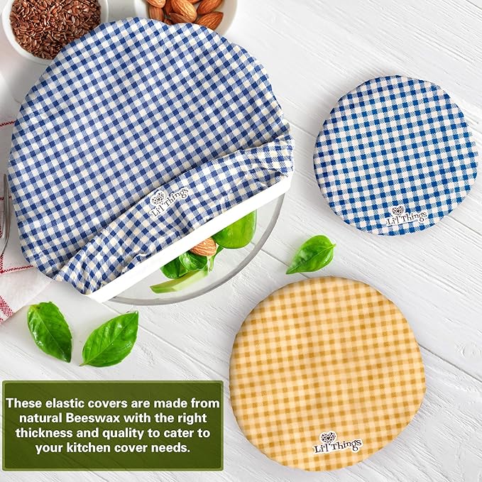 Beeswax Bowl Covers Set of 5 (XS–XL) – Reusable Elastic Food Covers for Bowls – Organic Cotton with Beeswax, Washable & Plastic-Free | Li’l Things – Checkered Plaid