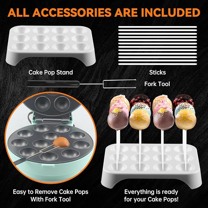 Baker's Friend Cake Pop Maker Machine Set with Cake Pop Stand, Sticks & Fork Tool, 12 Cake Pops Capacity, Aquamarine