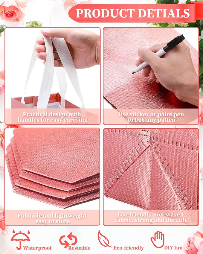 Eccliy Reusable Gift Bags Set Glossy Grocery Gift Tote Bag with Handle for Wedding, Bridal Shower, 4th of July, Summer Event(10 x 8 x 4.7 Inch,Rose Gold,80 Pcs)