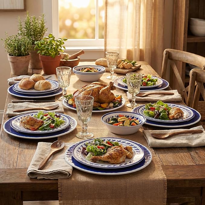 Blue Melamine Dinnerware Sets,12-Piece Plates and Bowls Set for 4,Coastal Farmhouse Style Dish Sets,Chip Resistant & Dishwasher Safe,Dark Indigo Vintage Pattern for Outdoor Patio Everyday Use