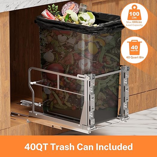 Tiltable 10° Pull Out Trash Can Under Cabinet with 40Qt Bin, Under Sink Trash Can with Soft-Close Slides, Cabinet Trash Can Pull Out Kit, Easy to Take Out Bin for Minimum Cabinets Opening 12" W