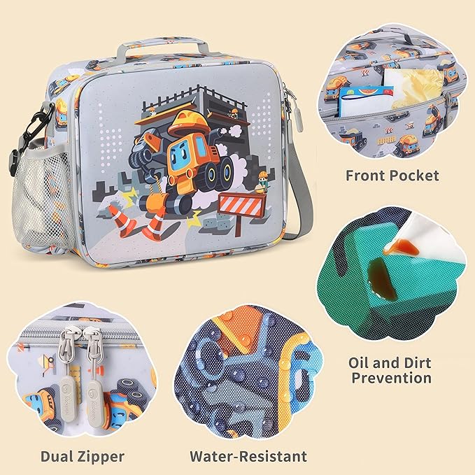 rockpapa Kids Lunch Box Set with 14oz Insulated Water Bottle & Lunch Bag, Leakproof 5.5 Cups Bento Box for School & Children, BPA-Free, Microwave Safe for Boys Girls (Grey Constr Turcks)