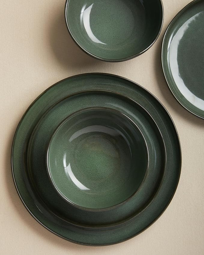 Pokini Ceramic Plates and Bowls Set, Everyday Dinnerware Set for 4, Wavy Rim Kitchen Dish Set, Chip Resistant Dishware Sets, Dishwasher Safe Dinner Set, Designed for Simple Meals, Forest Green