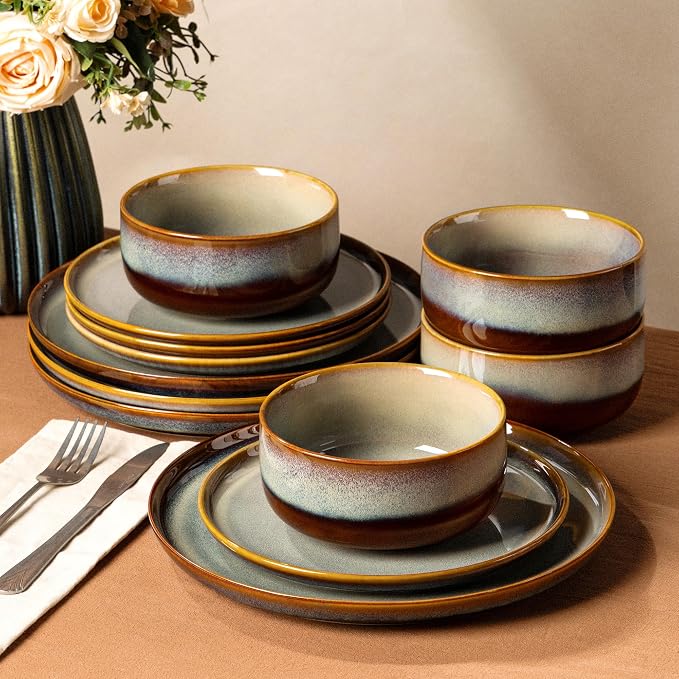 TheTerra Ceramic Dinnerware Sets for 4, 12 Pieces Handmade Reactive Glaze Plates and Bowls Set, Scratch Resistant Dish Set, Oven & Microwave & Dishwasher Safe, Dusk Blue