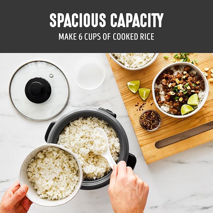GreenLife Rice Cooker with Removable PFAS-Free Ceramic Nonstick Pot, 3-Cups Uncooked/6-Cups Cooked, Grains & Oatmeal Multicooker, Compact One-Switch Design, Auto Keep Warm, Easy Clean, Black
