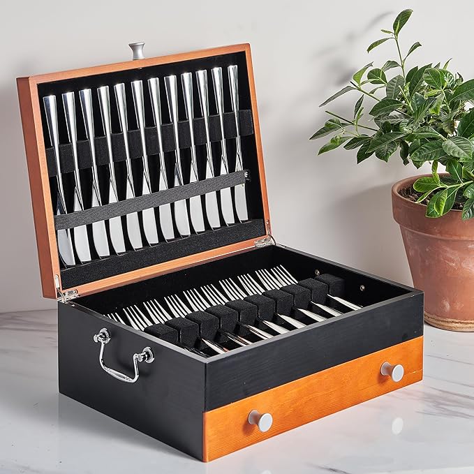 Silverware Storage Box, Wood Chest - without Cutlery - Tarnish Proof Felt Lined Storage Silver Chest, Store Sterling Silverware SilverTarnish Proof Flatware Hardware for 12 or 16 or more Utensil sets
