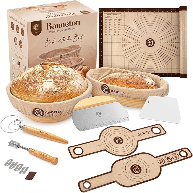 ABIOTO Sourdough Bread Baking Kit - 17-Piece Artisan Set with 10" Round & 11" Oval Rattan Baskets, Slings, Baking Mat, Bread Lame, Danish Whisk & Scrapers