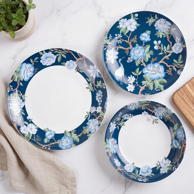 222 Fifth 12-Piece Porcelain Dinnerware Set for 4, Luxury White & Bohemian Blue Plates and Bowls Set, Glossy Ceramic Dish Set with Detailed Floral, Microwave & Dishwasher Safe Dishes, Nightingale