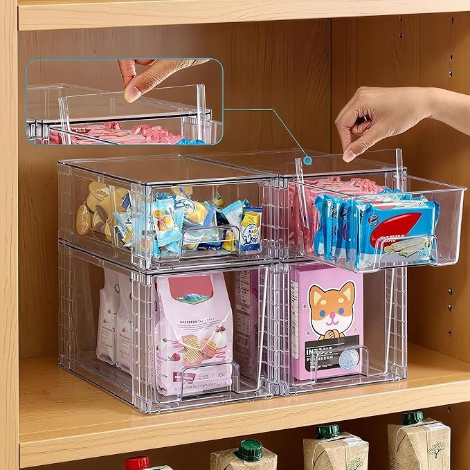 Clear Stackable Acrylic Storage Drawers(4 Pack), Plastic Organizer Bins with Handles, Easy Assembly for Bathroom Kitchen Pantry Cabinet Under Sink Snack Home Storage Solutions