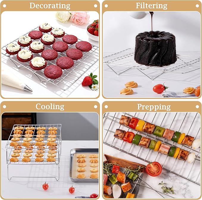LIANYU Cooling Rack 15"x10", 4-Tier Stackable & Collapsible Stainless Steel Baking Wire Racks for Cooking, Baking, Roasting, Drying, Oven & Dishwasher Safe, Silver
