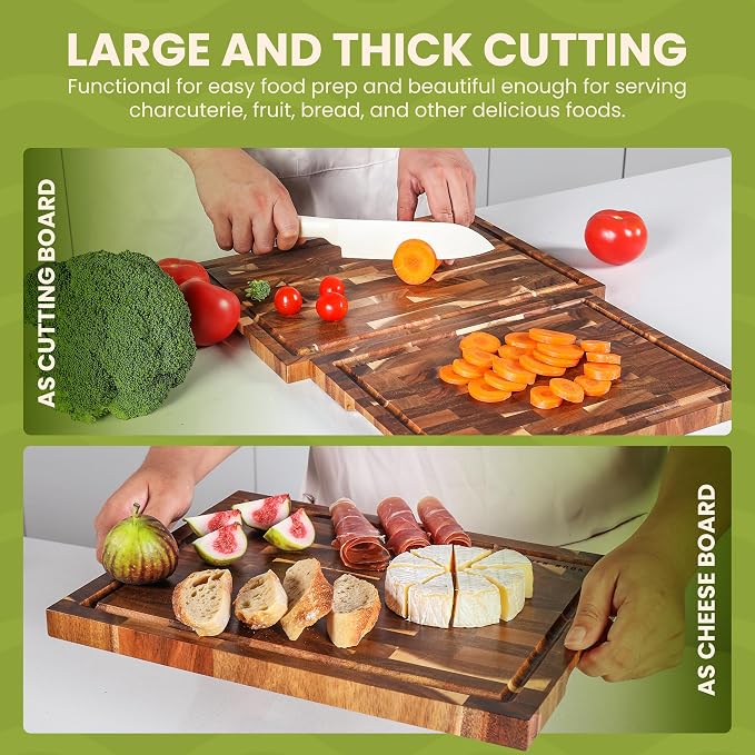 Acacia Wood Cutting Board Set - 3 Piece Acacia Cutting Board with Holder, Knife Friendly, Dual Sided, Built-in Handles, & Juice Grooves | 13, 15, & 17 Non Toxic Cutting Boards for Kitchen