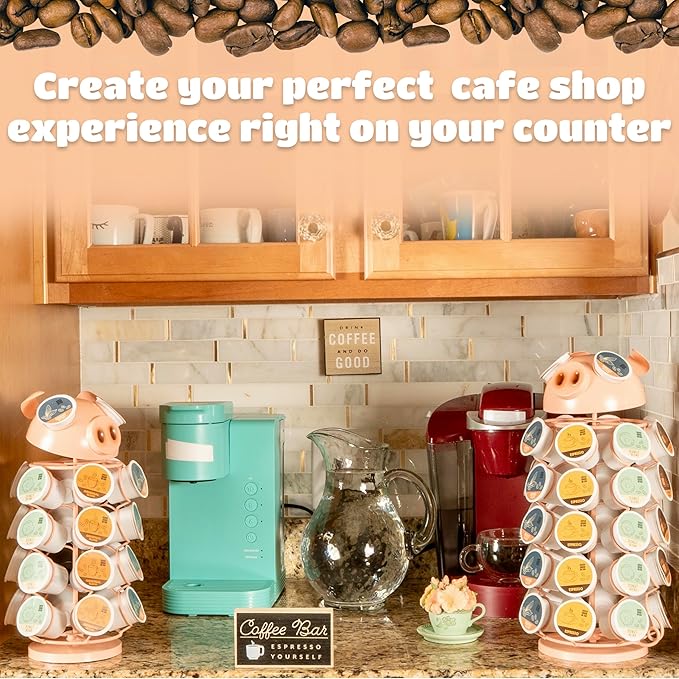 Made Easy Kit Carousel Coffee Pod Holder - Compatible with Keurig K-Pods K-Cups - Countertop 360 Spin Rack Storage Organizer - Revolving Base - Capsule Café Station Bar (Pig Pink, Large)