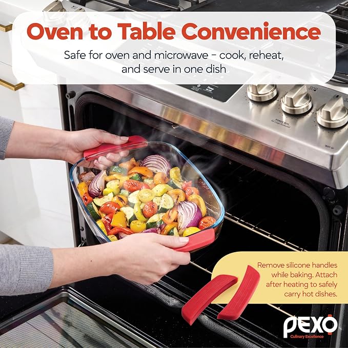 6-Piece Deep Glass Baking Dishes with Plastic Lids, Clear Glass Bakeware with Silicone Handles, (2.11QT, 3QT, 4.12QT) Casserole Dishes, Oven Dishwasher and Freezer safe, Rectangular Stackable Nesting Baking Dish set (Red)