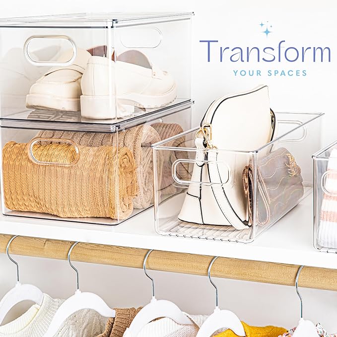 primebox Plastic Food Storage 6 Pack Clear Container Bin with Handles for Organizing Kitchen, Pantry, Refrigerator, Freezer, Pantry, Cabinet, Closet, Bathroom. 16”x6”x5”