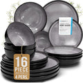 16 Piece Stoneware Dinnerware Set for 4 - Handmade Reactive Glaze Plates and Bowls Set - Chip & Scratch Resistant Dish Set - Dishwasher Microwave Safe - Dark Gray