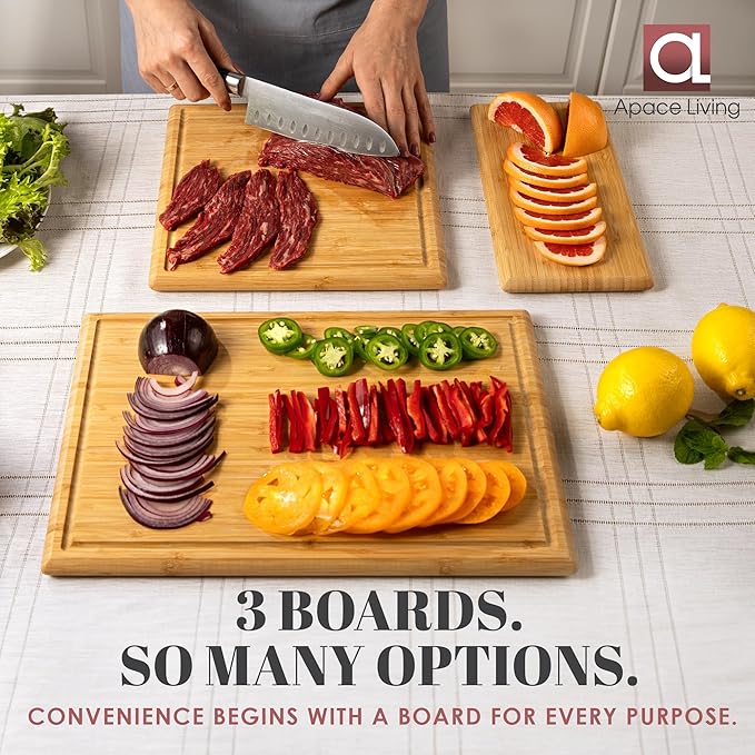Chorus Bamboo Cutting Board Set with Juice Groove (Set of 3) - Luxury Organic Wood Chopping Board for Kitchen, Wooden Cutting Board for Meat (Butcher Block), Vegetables, Cheese