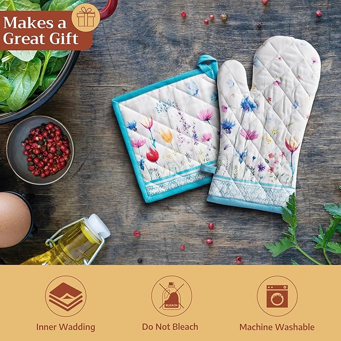 Maison d' Hermine Pot Holders 100% Cotton Heat Resistant Potholders 8" x 8" Hot Pads with Loop BBQ Baking Gifts for Mothers Day Handling Hot Pans Spring/Summer (Pack of 1, Flower in The Field)