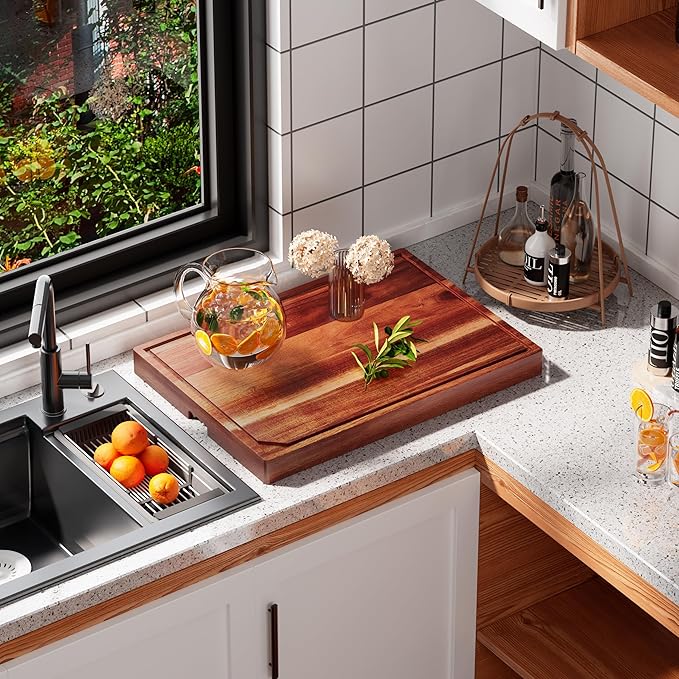 Acacia Stove Top Cover for Gas Burners & Electric Stove, Noodle Board Stove Cover with Wavy Handles, Wooden Stovetop Cutting Board with Juice Grooves, Serving Tray 30"L x 22"W x 2.5"H