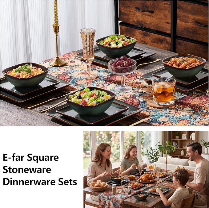 E-far Square plates and bowls Sets for 4, 12-Piece Reactive Glaze Stoneware Dinnerware Sets, Ceramic Dishes for Kitchen Dining, Microwave & Dishwasher Safe, Obsidian Green