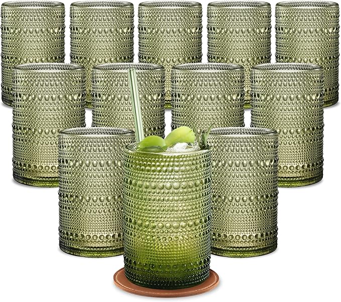 15 Oz Hobnail Drinking Glasses, Green, Set of 12 | With Straws, With Coasters