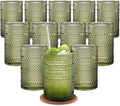 15 Oz Hobnail Drinking Glasses, Green, Set of 12 | With Straws, With Coasters