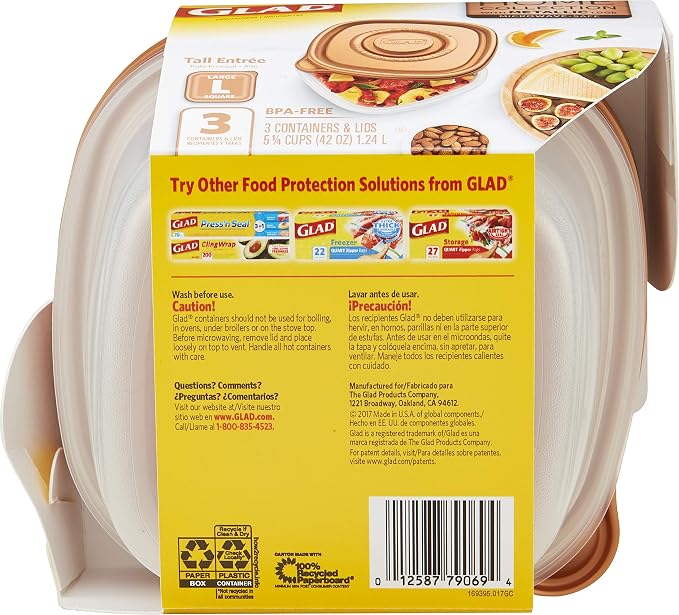 Glad GladWare Home Collection Tall Entree Food Storage Containers with Copper Metallic Lids, Large Square No BPA Plastic for Meal Prep and Lunches, Lock Tight Seal, 42 Oz, 3 Count - 6 Pack