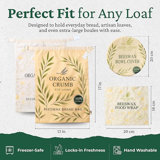 Reusable Bread Bags for Homemade Bread (5 in 1) – 2 XL Cotton Beeswax Bags, Reusable Beeswax Wrap, Bowl Cover & Dough Scraper – Eco-Friendly Storage for Sourdough Bread Bags.
