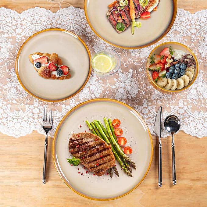 LERATIO Ceramic Dinnerware Sets for 4,12 Pieces Poreclain Plates and Bowls Sets,Scratch Resistant Dishes,Dishwasher & Microwave Safe Dishes Set,Service for 4-Kahki