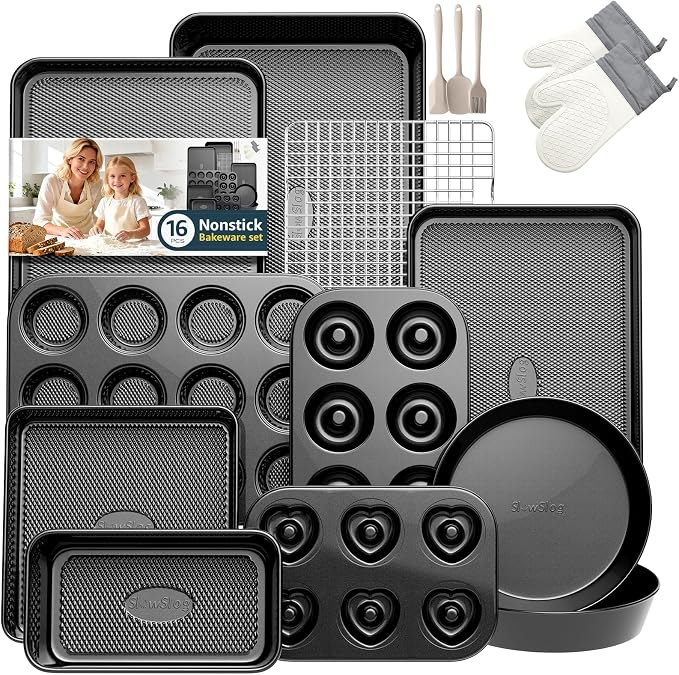 16-Piece Baking Pan Set, Nonstick Bakeware Set with Rack, Oven Mitts, Donut Pan, and Heart Pan, Stackable Carbon Steel Baking Set with Kitchen Utensils, Black