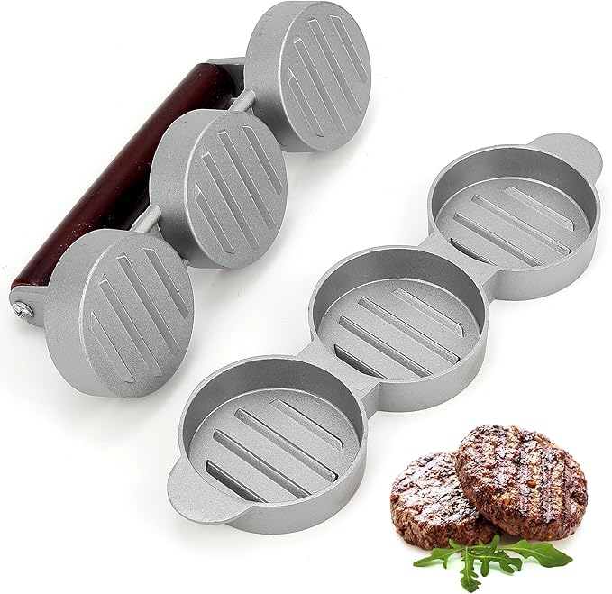 Boxiki Kitchen Mini Burger Press 3 Slot Slider Patty Maker for Hamburgers Veggie Burgers BBQ Compact Aluminum Press with Wooden Handle Dishwasher Safe Triple Patty Mold for Beef Turkey Sliders