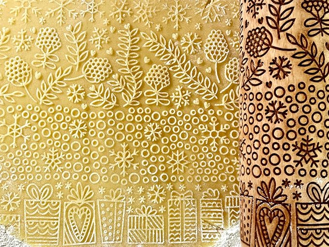 CHRISTMAS PRINTS Embossing Rolling Pin. Laser Engraved Dough Roller for Embossing Homemade Christmas Cookies by Algis Crafts