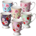 BTaT- Coffee Mugs, 12 oz, Set of 6, Floral Mugs, Porcelain Bone China, Coffee Cups