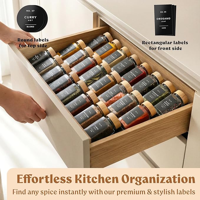 EDELHAUS Square Glass Spice Jars (24 x 4oz) with Bamboo Lids + Magnetic Spice Rack for Refrigerator (Fits 12 Jars) + Bonus Slim Auxiliary Rack, 240 Labels, Shaker Inserts, Funnel