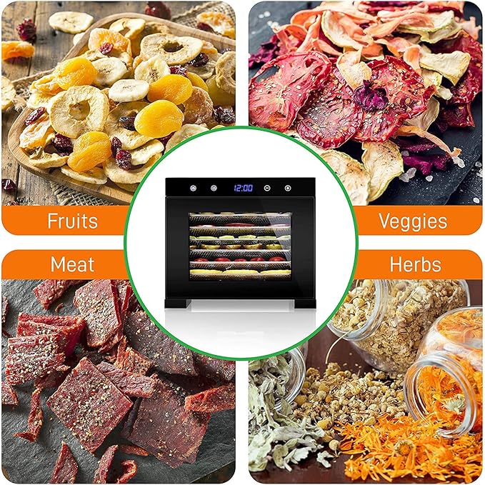 NutriChef Electric Countertop Food Dehydrator Machine - 600-Watt Premium Multi-Tier Meat Beef Jerky Maker Fruit/Vegetable Dryer w/ 6 Stainless Steel Trays, Digital Timer,Temperature Control NCDH6S , BLACK