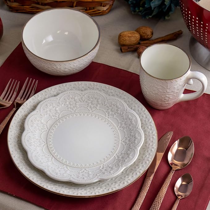 Elama Embossed Scalloped Stoneware Dinnerware Dish Set, 16 Piece, Ivory
