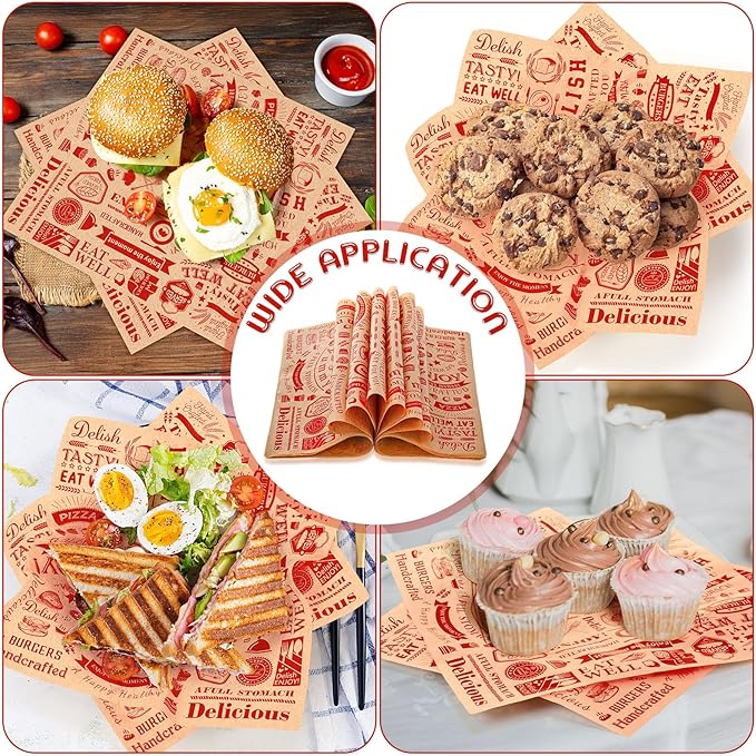 Marspark 200 Pcs Deli Wax Paper Sheets 12 x 12 Inches Square Grease Resistant Tray Basket Liners Hot Dog Wrappers Newsprint Water and Grease Proof Sandwich Wrapping Paper for Food Baking (Brown Red)