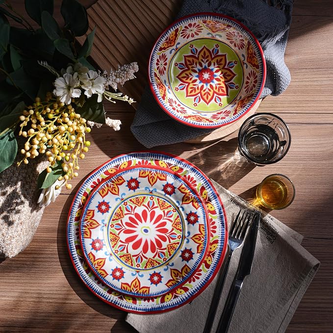 Premium Melamine Dinnerware Sets for 4, 12-Piece Plates and Bowls Sets, Shatterproof & Lightweight Dish Set for Indoor and Outdoor Use, Dishwasher Safe, Red
