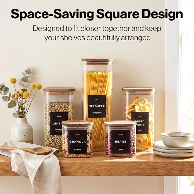 EDELHAUS Glass Storage Containers with Lids - Canister for Pantry Food | Acacia Lids Black Labels Set of 5 - cereal flour sugar rice coffee tea spice pasta noodles dry goods 54 pre-printed labels
