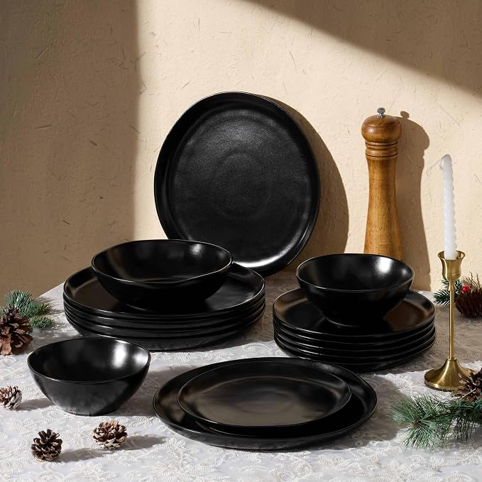 Herogo 12Pcs Plates and Bowls Set for 4, Irregular Handmade Stoneware Dinnerware, Crack and Scratch Resistant, Microwave & Dishwasher Safe, Reactive Glaze, Artistic Rustic Tableware, Matte Black