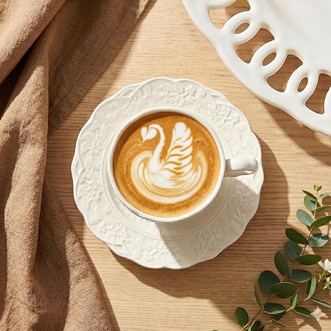 3 oz Espresso Cups Set of 6, Bone China Small Espresso Coffee Cups & Saucers Set, Handcraft Floral Embossing Ceramic Demitasse Mugs Mini Barista Cups for Latte Mocha Farmhouse Housewarming Gift, White