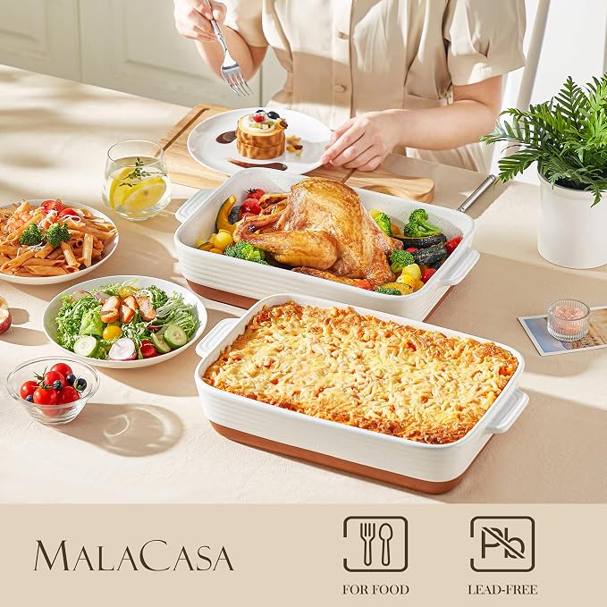 MALACASA 9x13 Ceramic Baking Dish, 4.8 QT Deep Casserole Dish with Handles, Oven Safe Lasagna Pan for Baking, Roasting & Serving, Rectangular Bakeware, Khaki & White, Tara